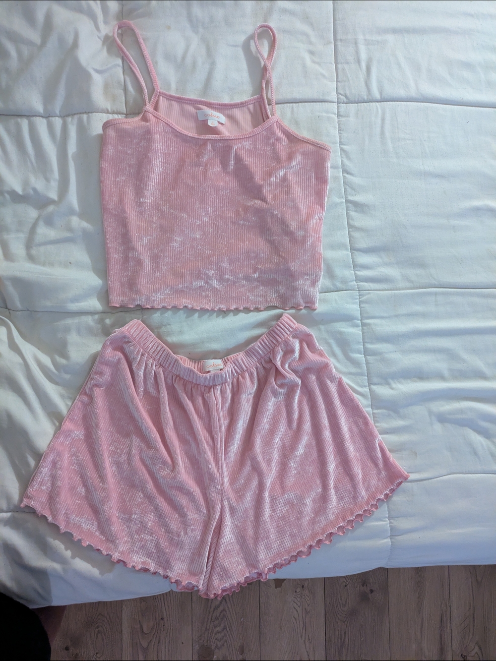 Colsie Pink Velvet Ribbed Cami & Shorts Sleep Set